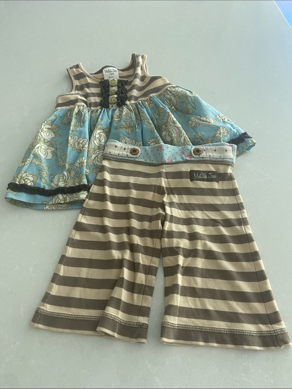 Matilda Jane Blue Floral Peplum Top with Tan Striped Pants 12-18